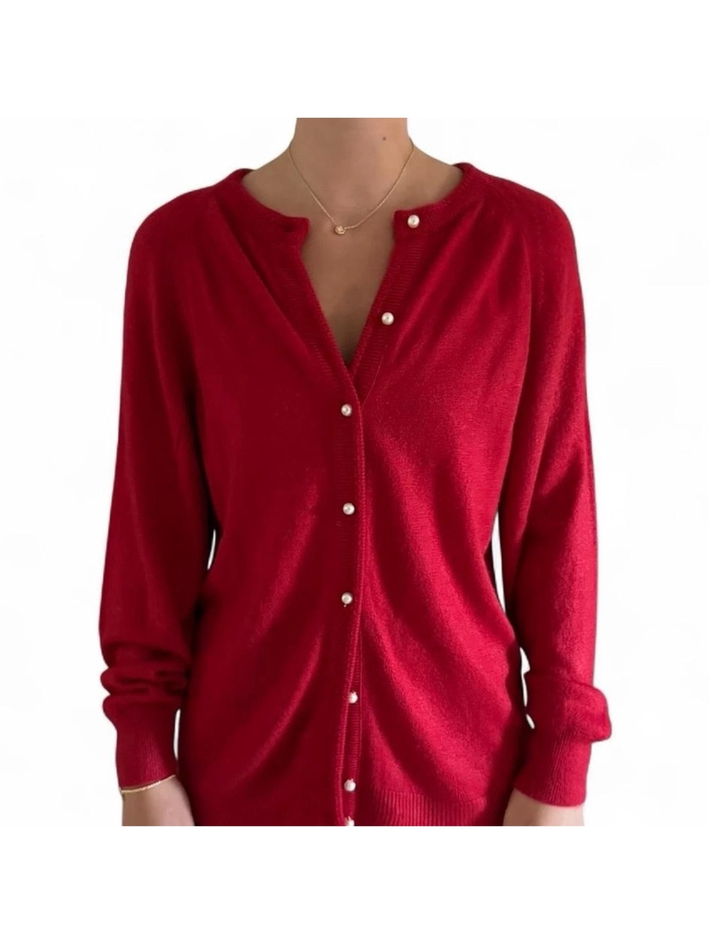 Women's Red Pearl-Button Cardigan Sweater